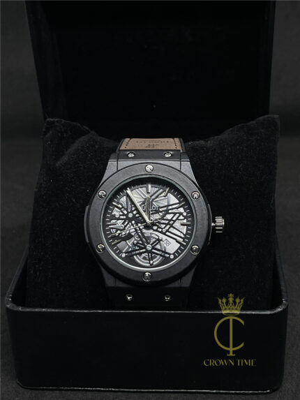 Hublot Luxury Black Skeleton Dial Men’s Watch – Premium Designer Style Brown Silicon Strap Watch
